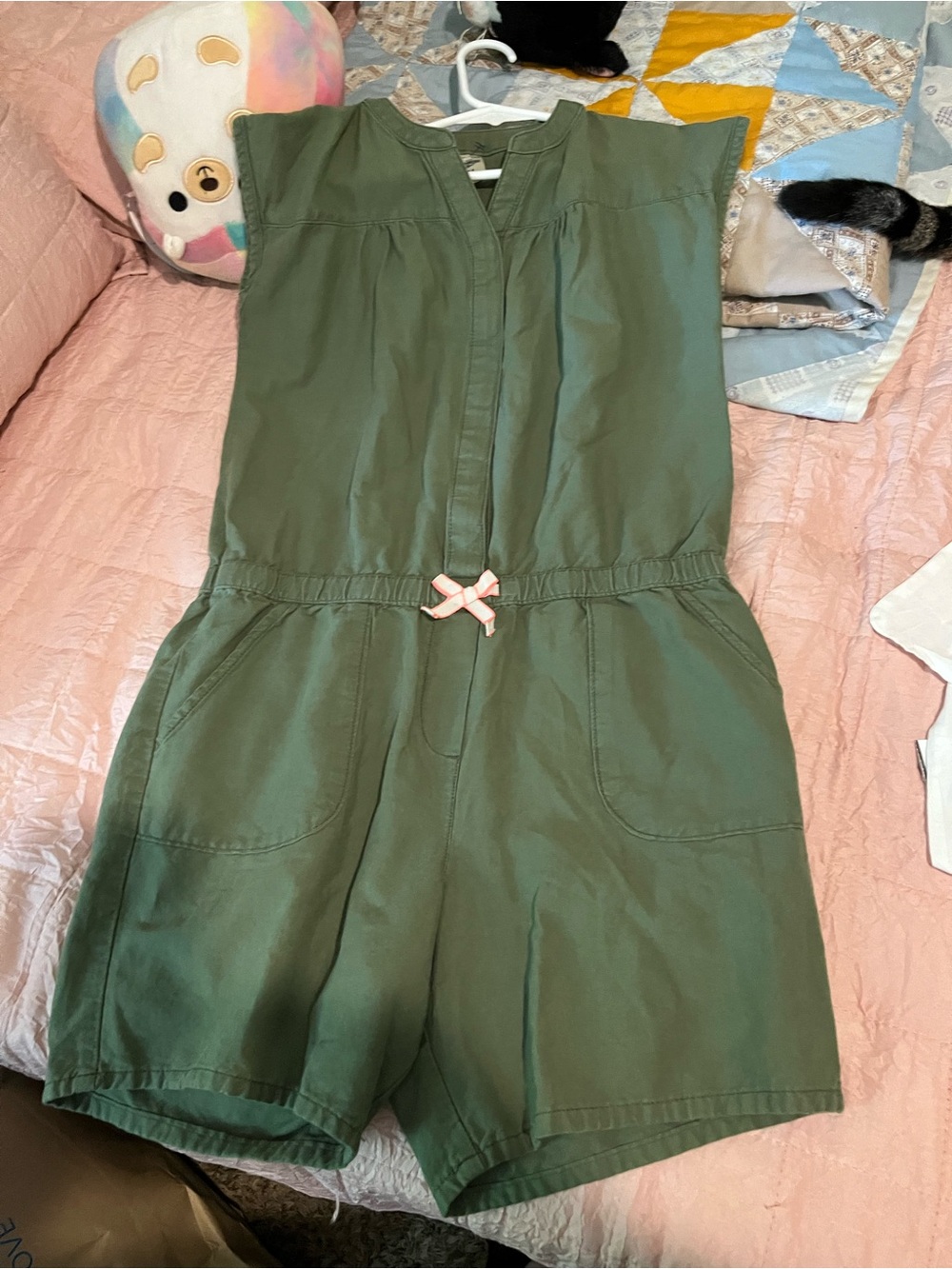 OshKosh B'gosh Olive Green Girls' Short Romper with Pink Bow Accent